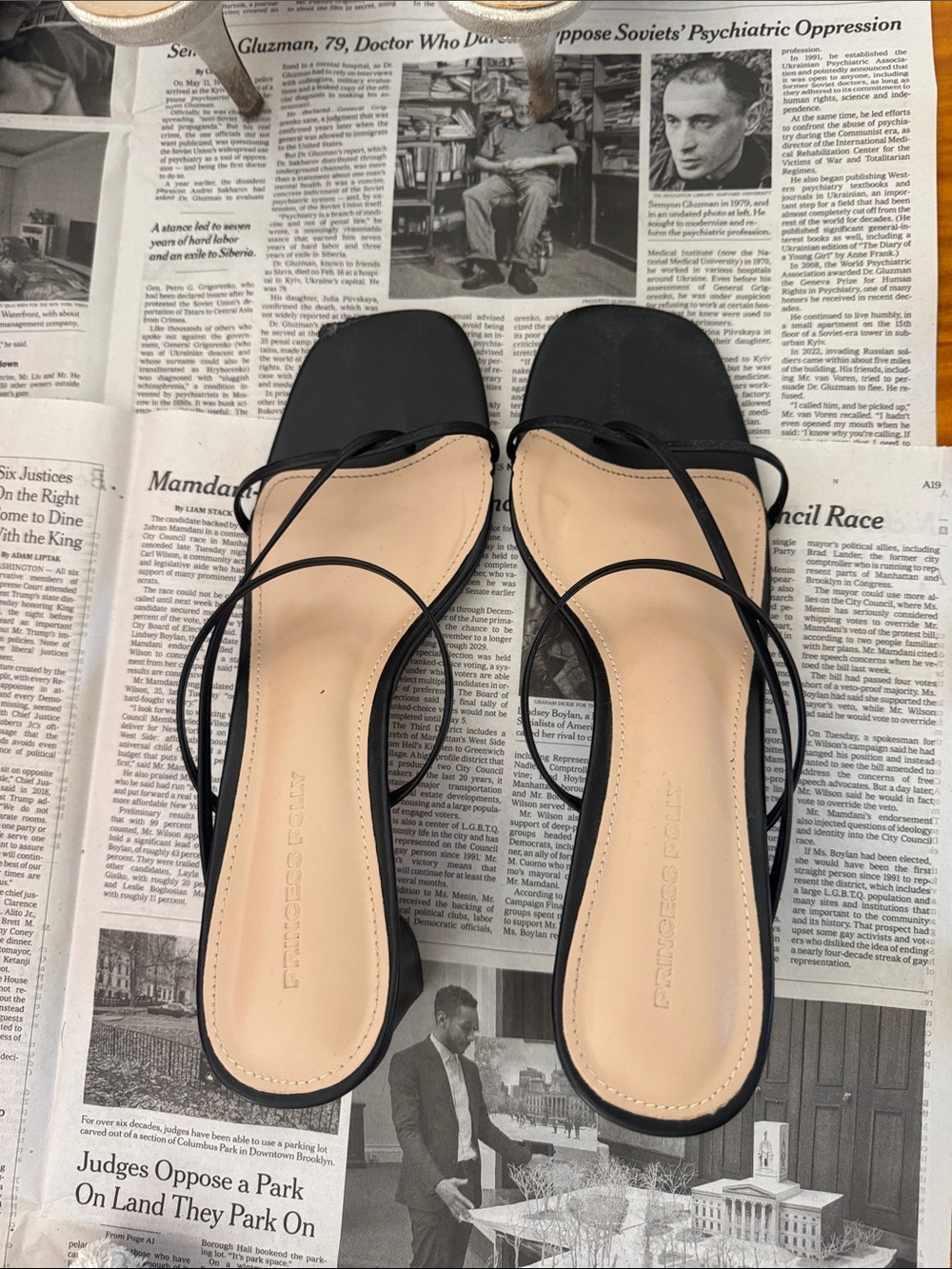 Black Strappy Square-Toe Women's Heels